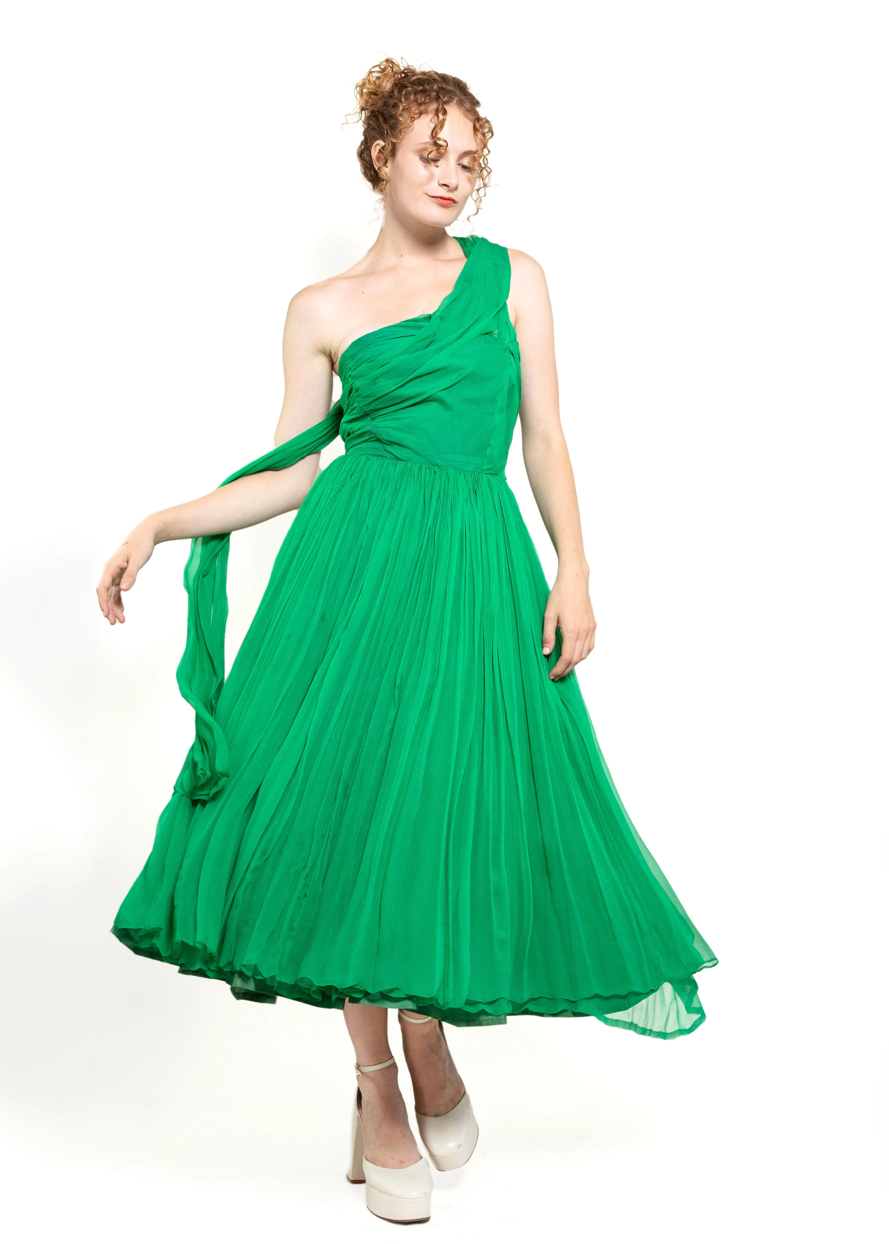 1950's Vintage Kelly Green Silk Chiffon Cocktail Dress