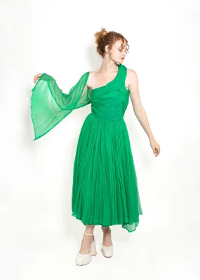 1950's Vintage Kelly Green Silk Chiffon Cocktail Dress