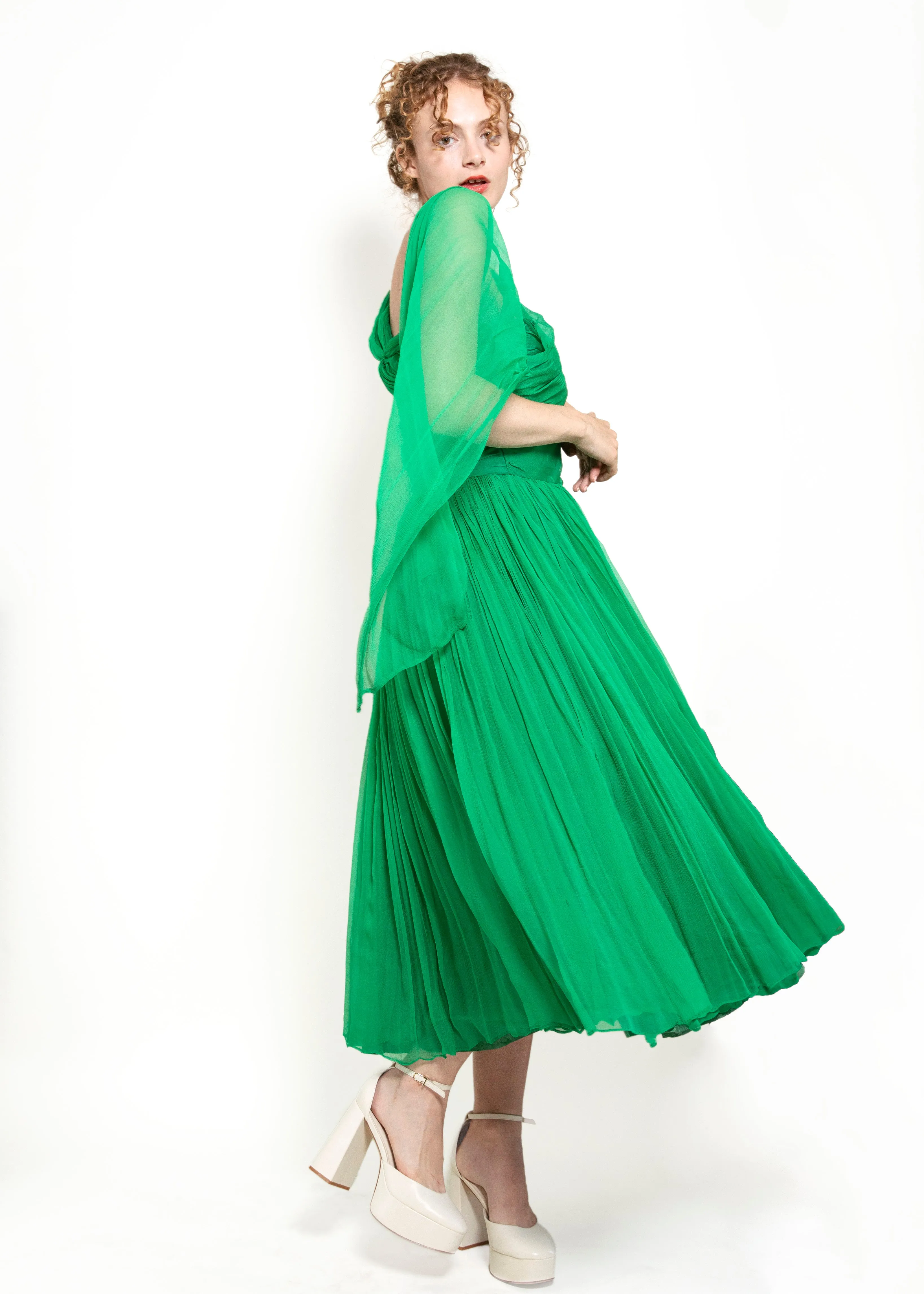 1950's Vintage Kelly Green Silk Chiffon Cocktail Dress