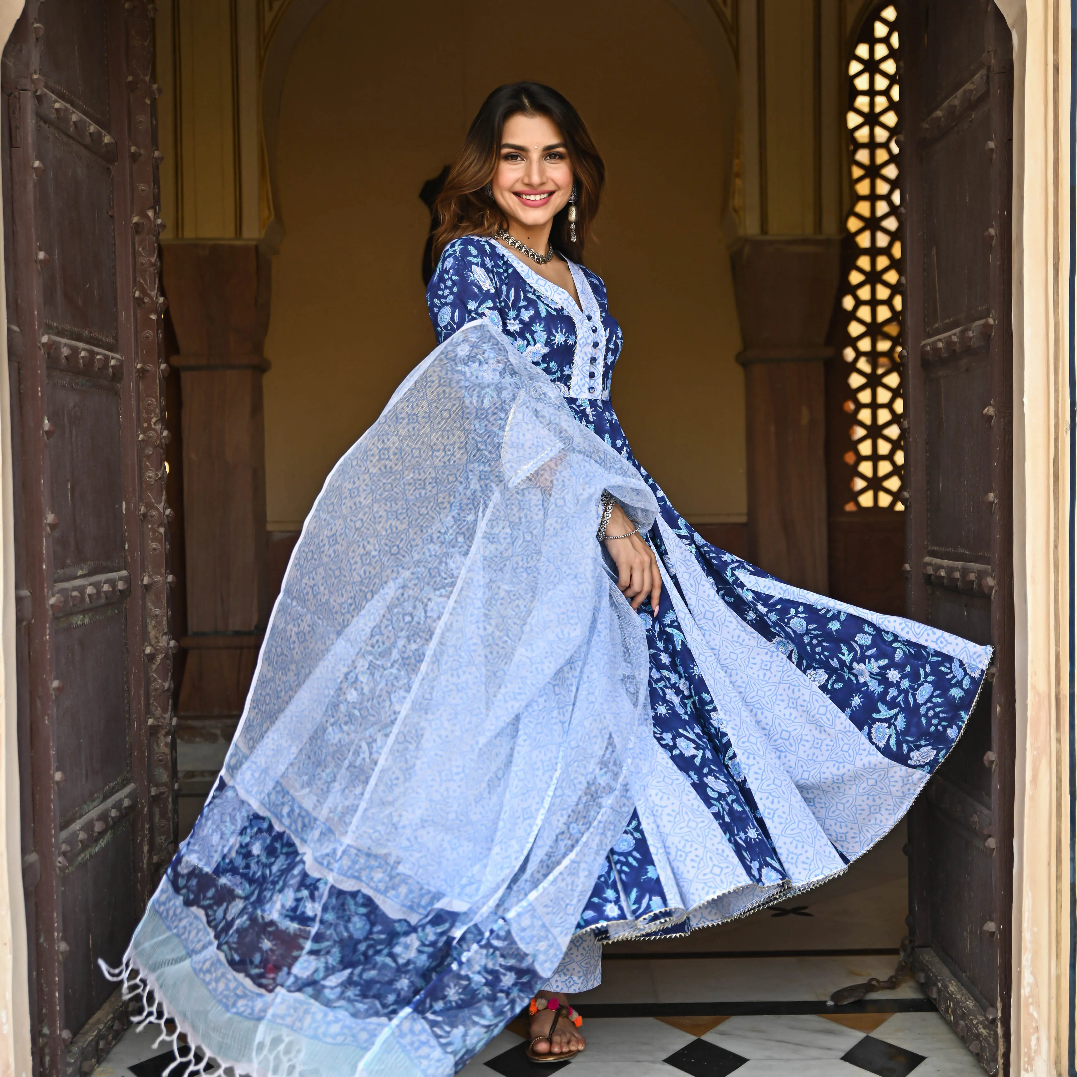 Bunaai Berry Blue Handblock Printed Suit Set
