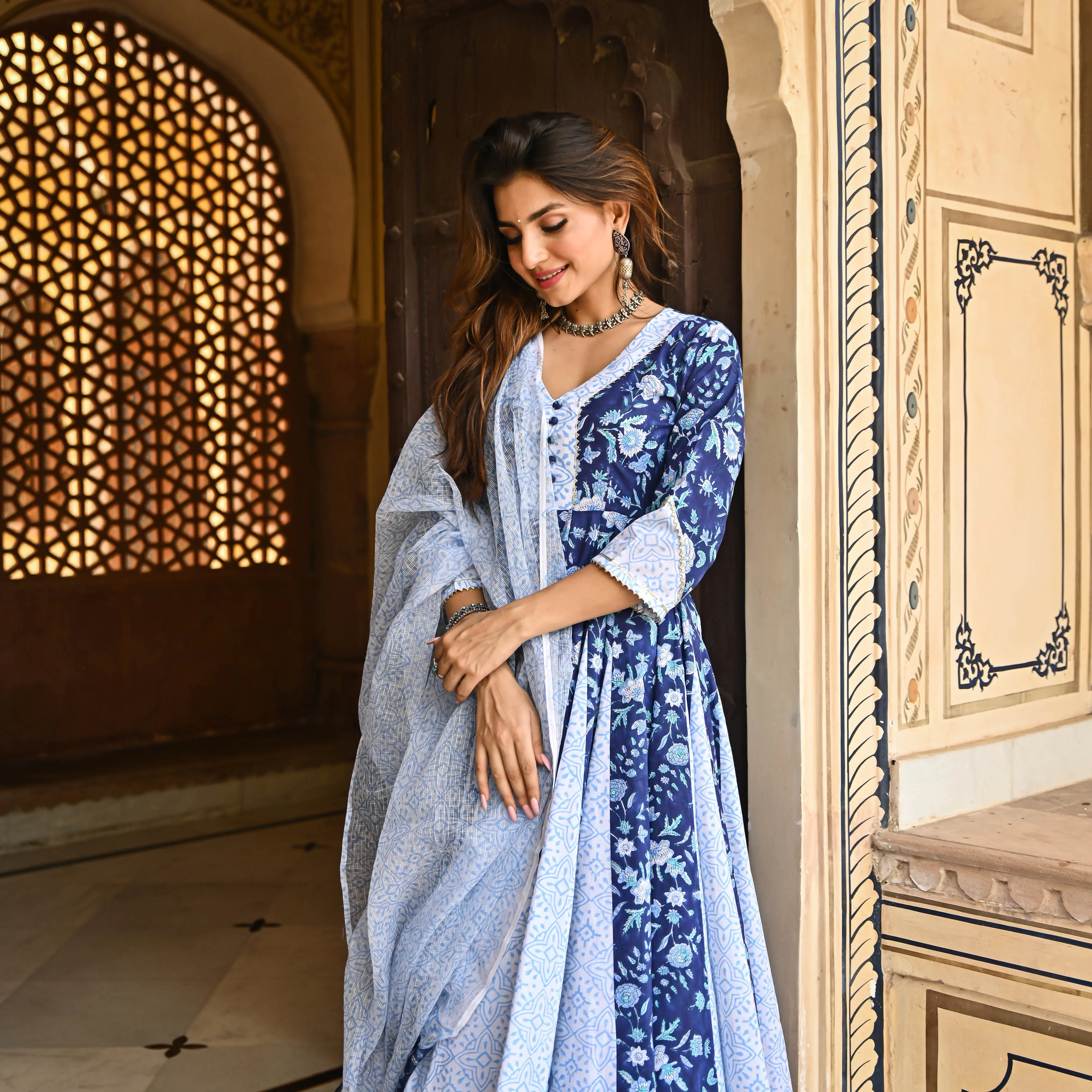 Bunaai Berry Blue Handblock Printed Suit Set