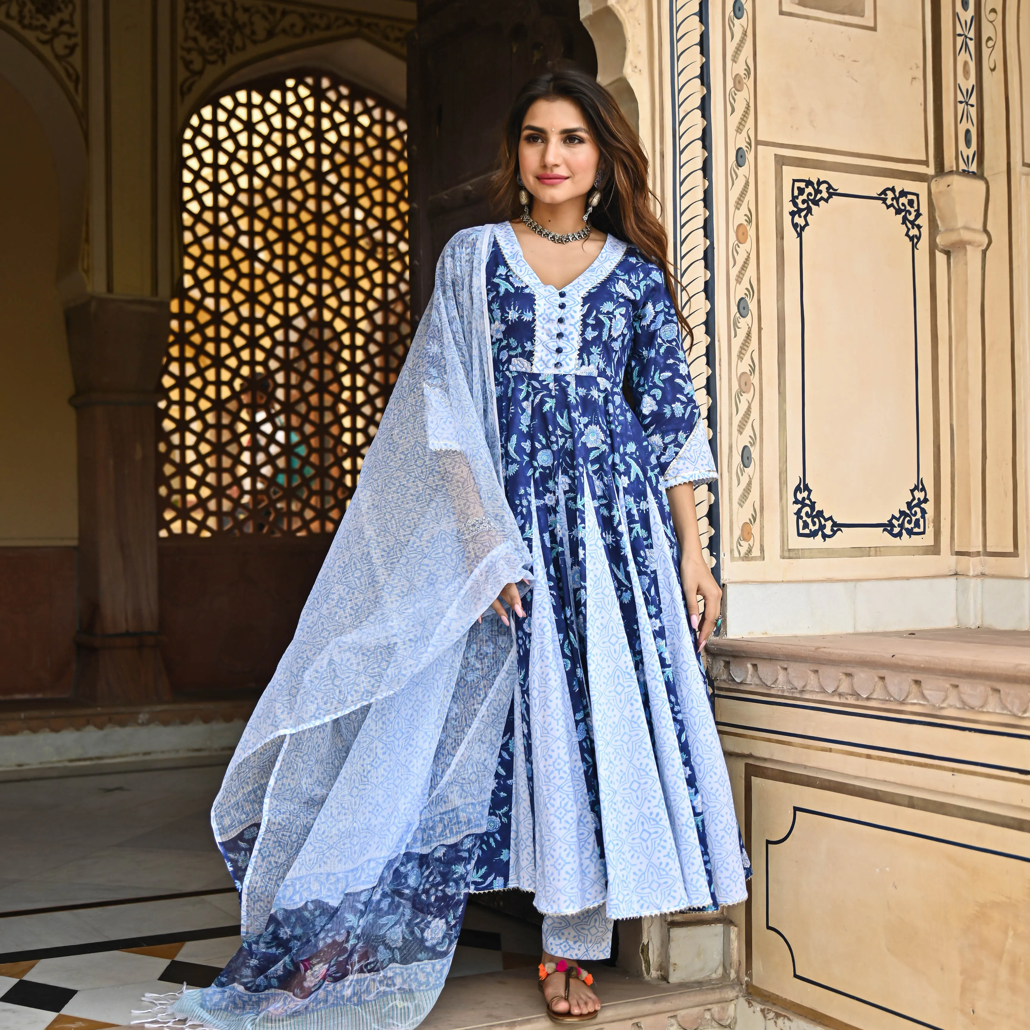 Bunaai Berry Blue Handblock Printed Suit Set