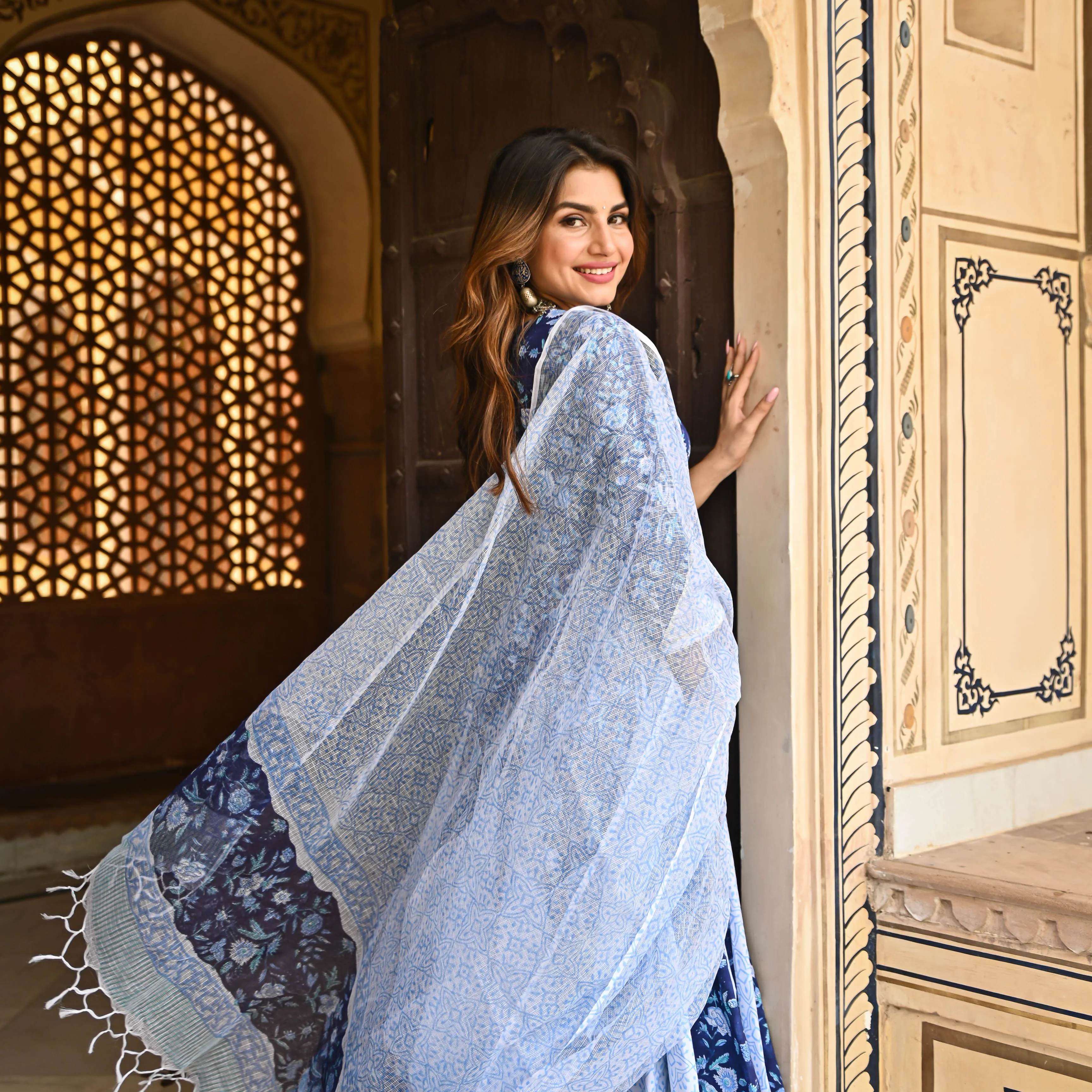 Bunaai Berry Blue Handblock Printed Suit Set
