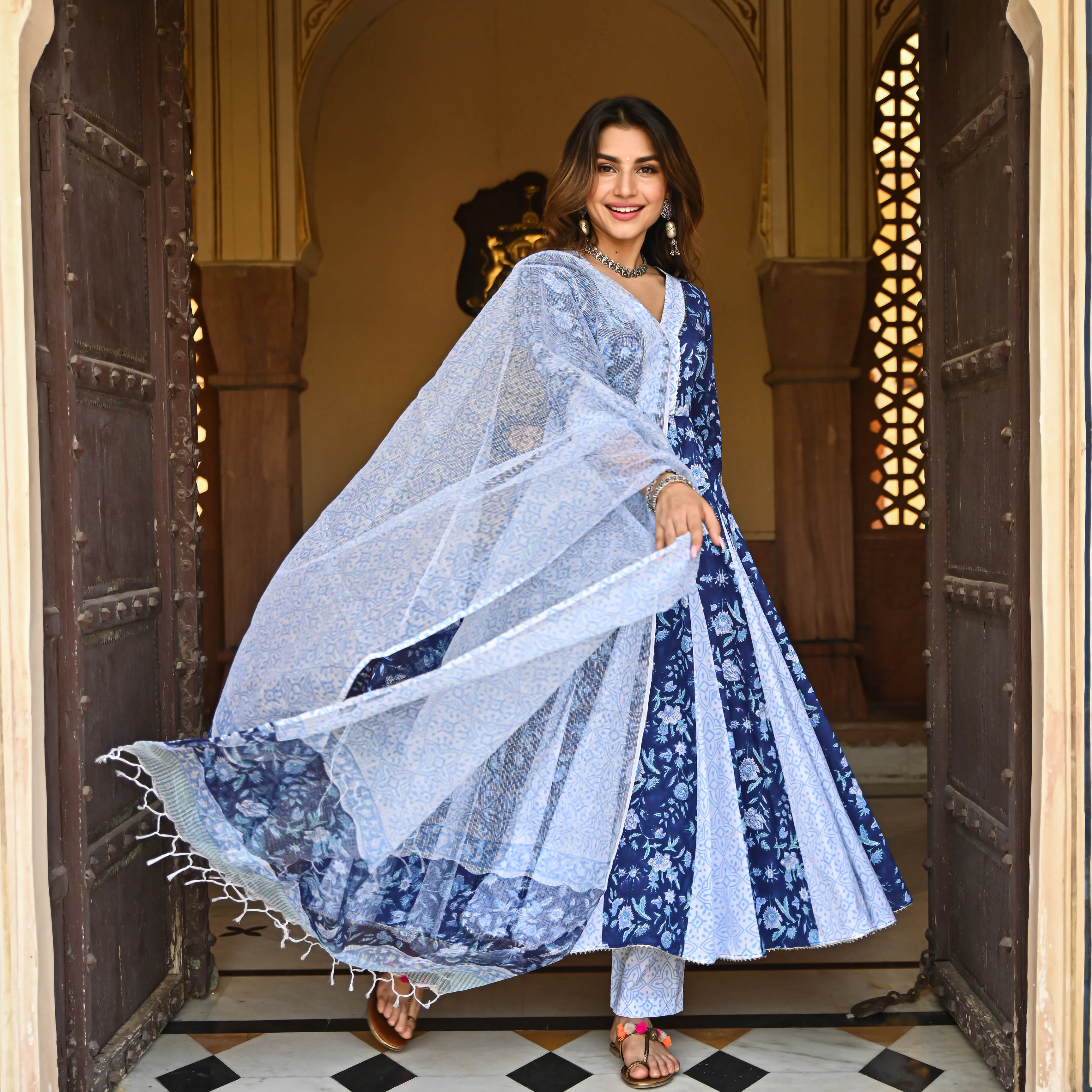 Bunaai Berry Blue Handblock Printed Suit Set