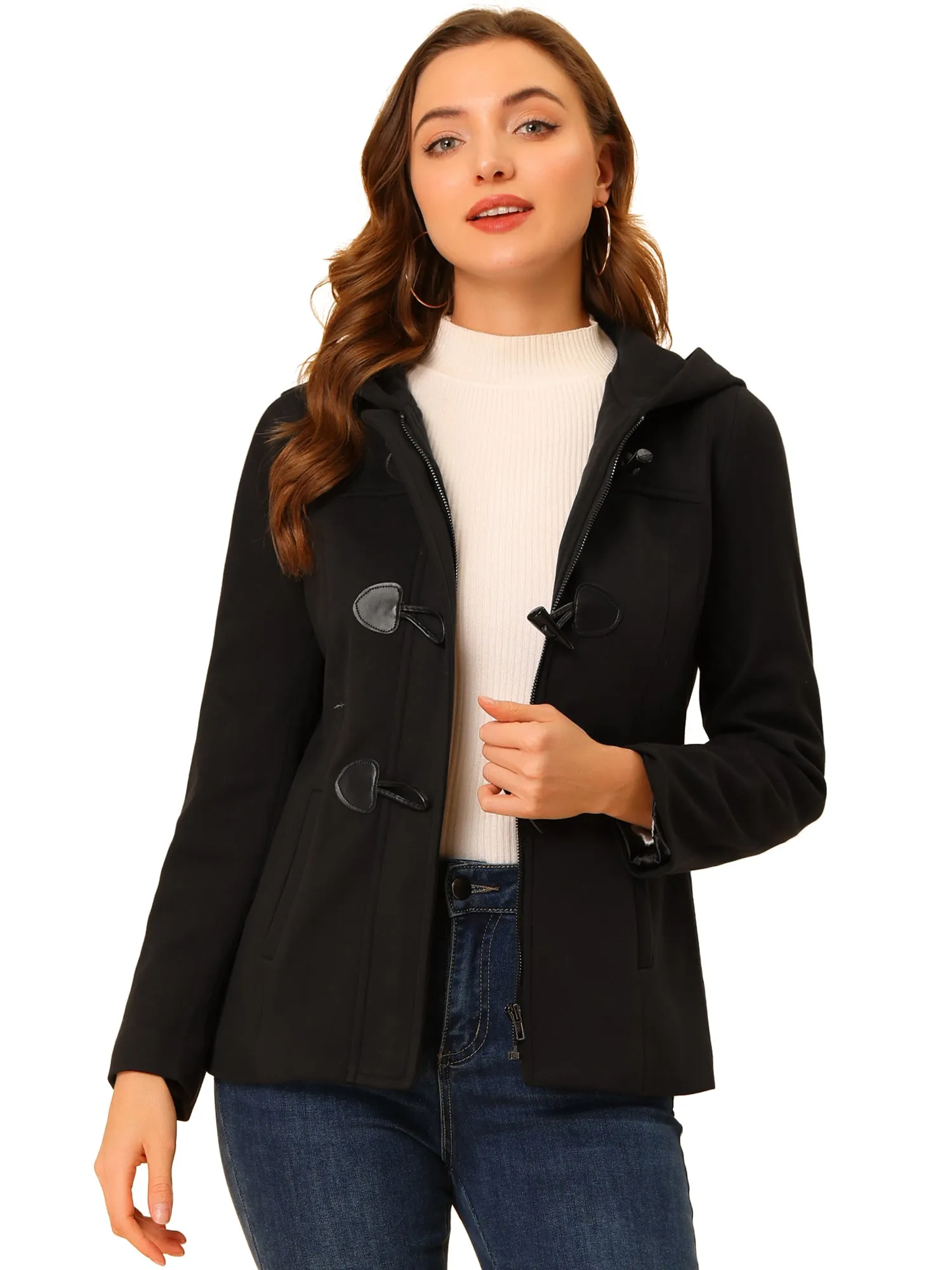 Casual Winter Outwear Hooded Button Toggle Pea Coat