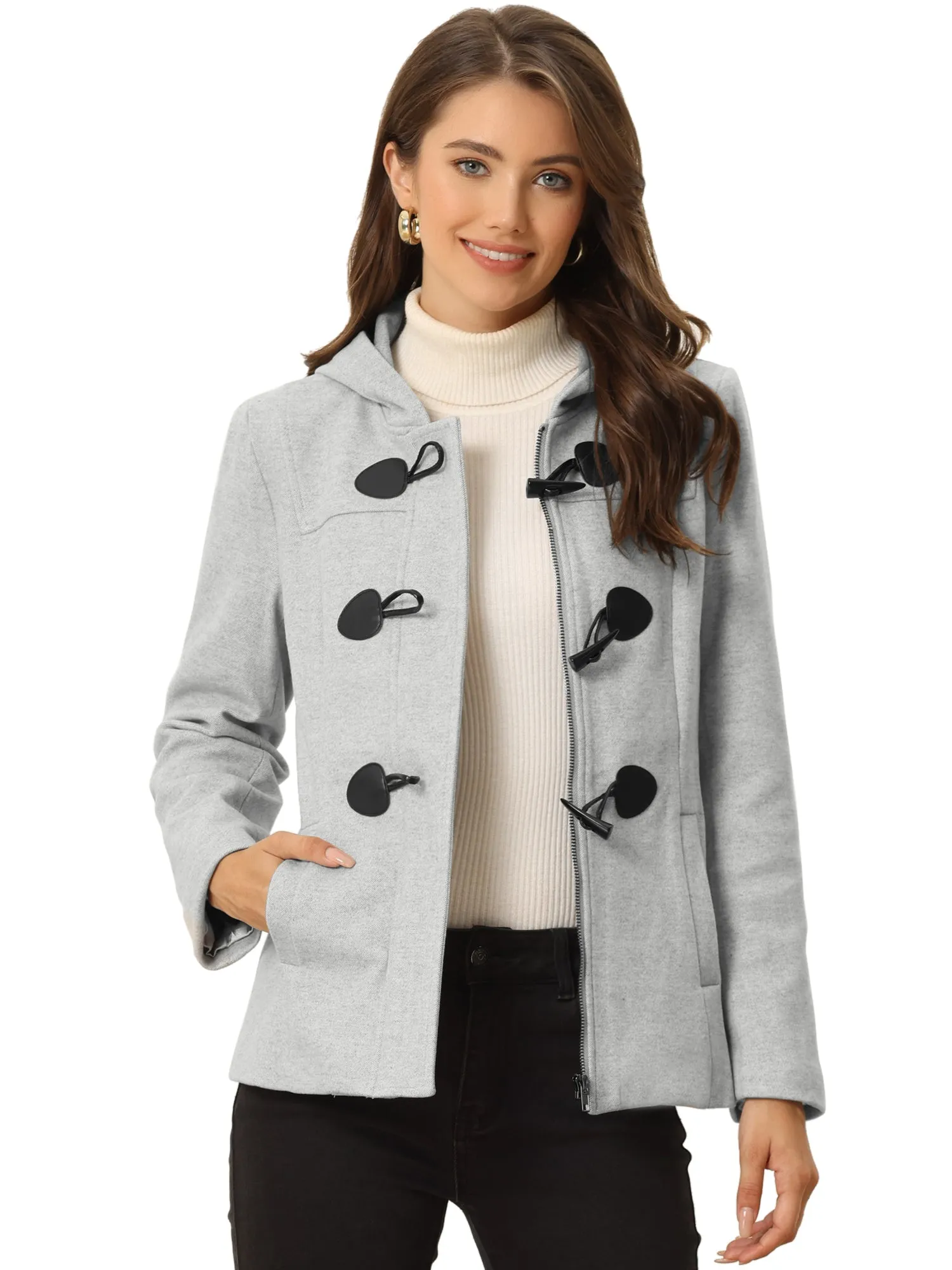 Casual Winter Outwear Hooded Button Toggle Pea Coat