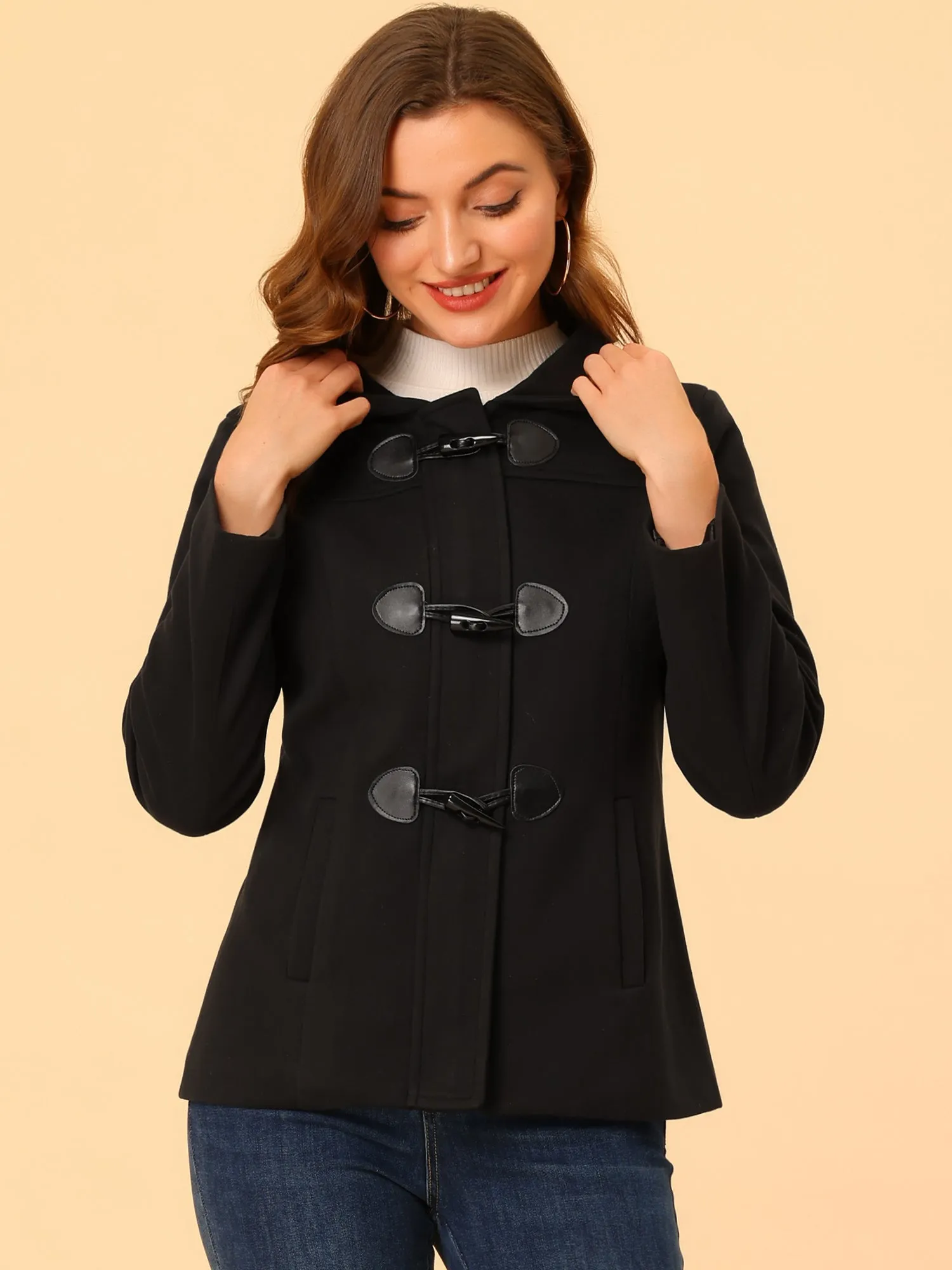Casual Winter Outwear Hooded Button Toggle Pea Coat