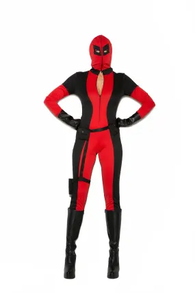 Elegant Moments Vigil Ante - 3 pc. costume includes jumpsuit with attached full zip hood/face mask, utility belt with attached leg strap holster and fingerless gloves.