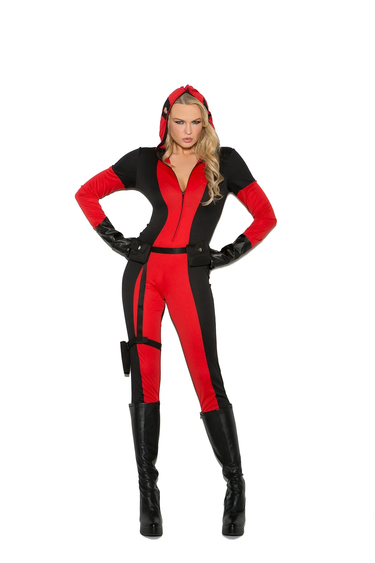 Elegant Moments Vigil Ante - 3 pc. costume includes jumpsuit with attached full zip hood/face mask, utility belt with attached leg strap holster and fingerless gloves.