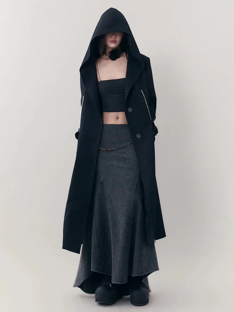Hoodie Bi-Color Nichi Line Wool Long-Coat