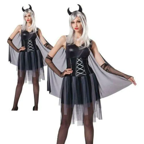Ladies Devil Lady Costume Black Halloween Horror Women's Fancy Dress Outfit