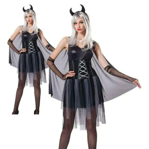 Ladies Devil Lady Costume Black Halloween Horror Women's Fancy Dress Outfit
