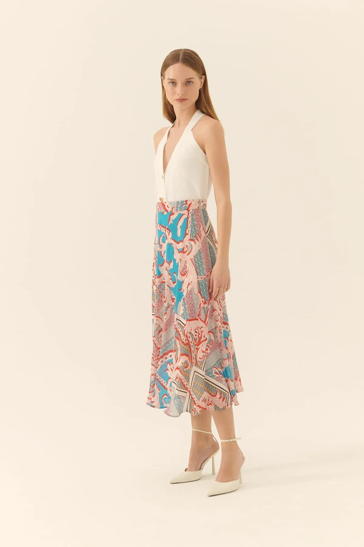 Roman Shawl Patterned Midi Skirt Multi Color