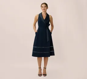 Stretch Knit Crepe Midi-Length Fit-And-Flare Tuxedo Dress With Organza Inserts In Midnight