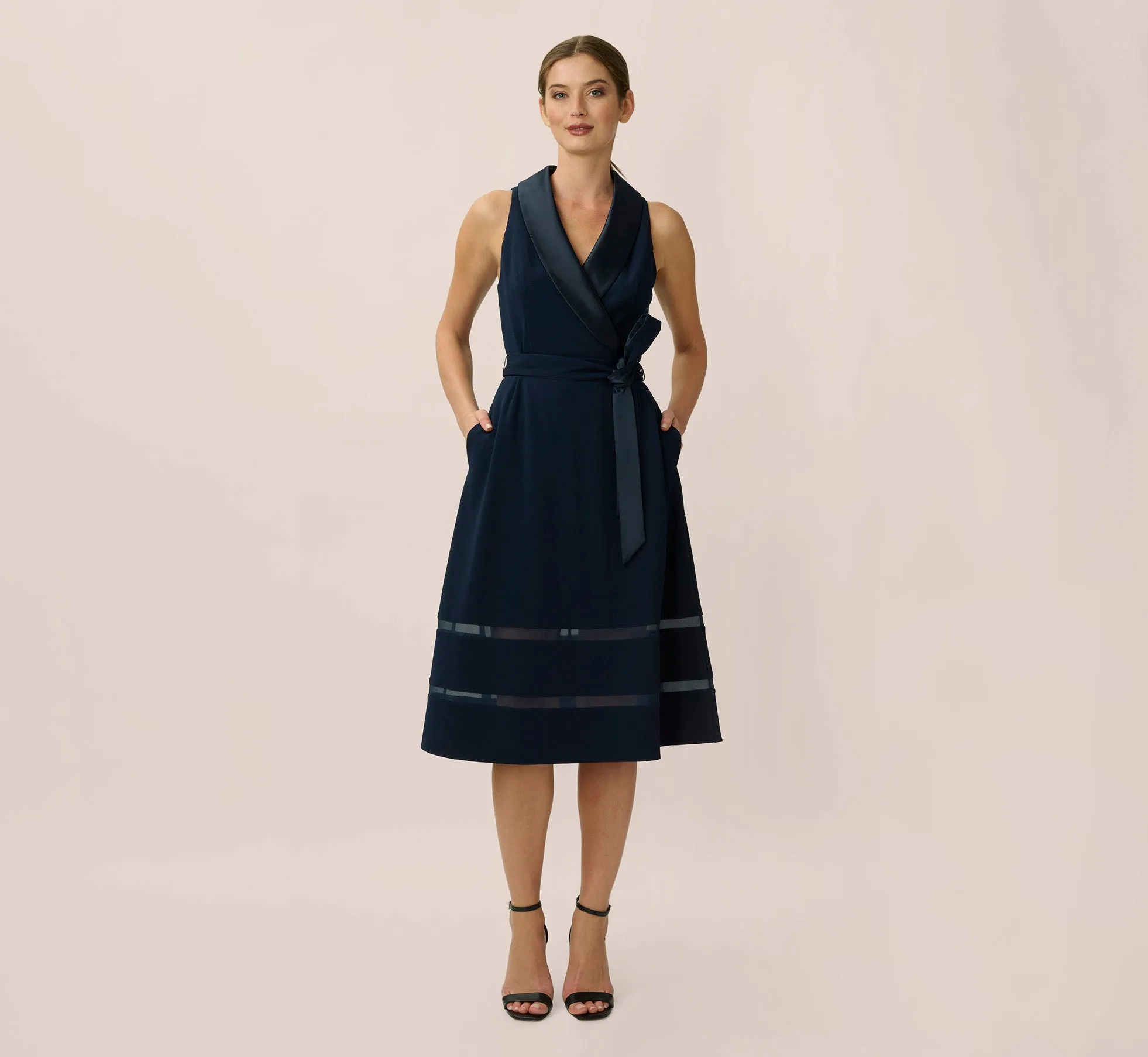 Stretch Knit Crepe Midi-Length Fit-And-Flare Tuxedo Dress With Organza Inserts In Midnight