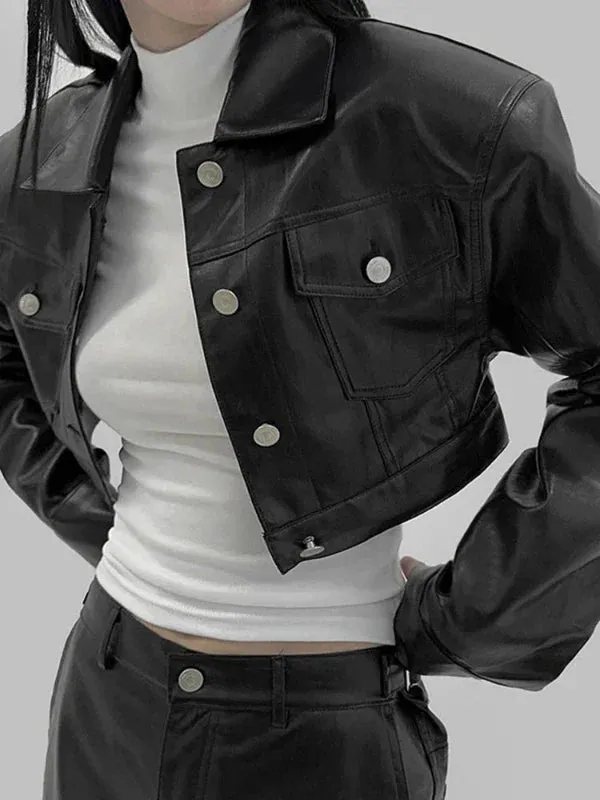 Wenkouban-Winter outfits Christmas Shoulder Pad Short Button PU Leather Jacket