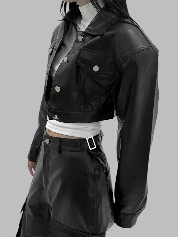 Wenkouban-Winter outfits Christmas Shoulder Pad Short Button PU Leather Jacket