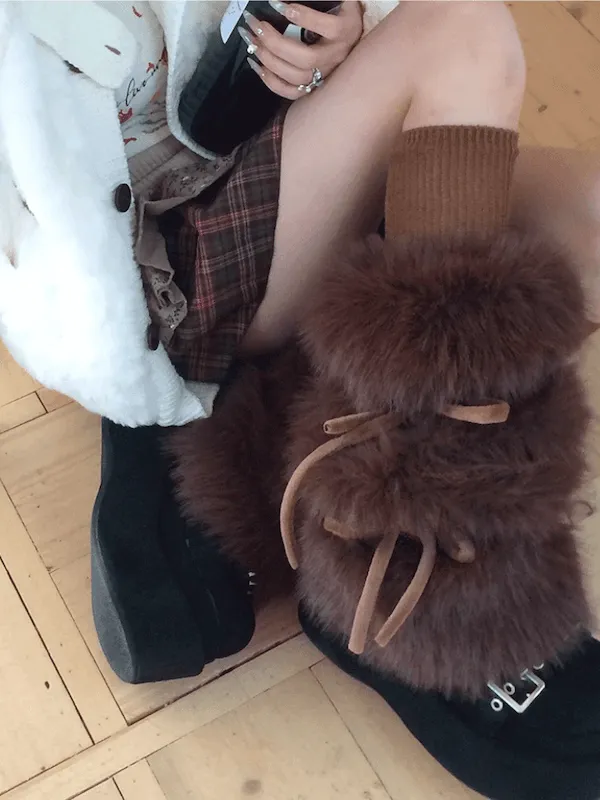 Winter lace-up faux fur leg warmers