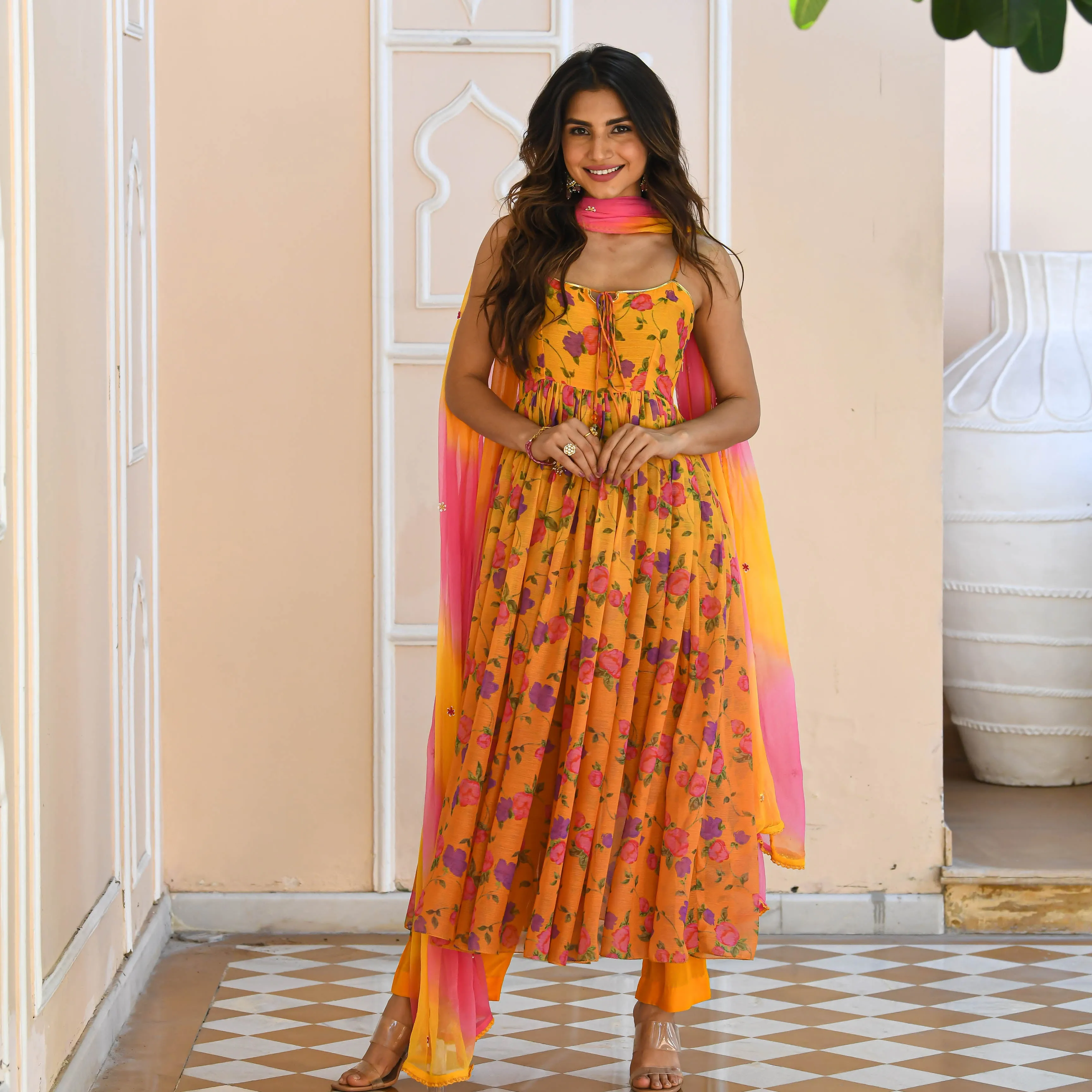 Yellow Floral Print Georgette Salwar Suit