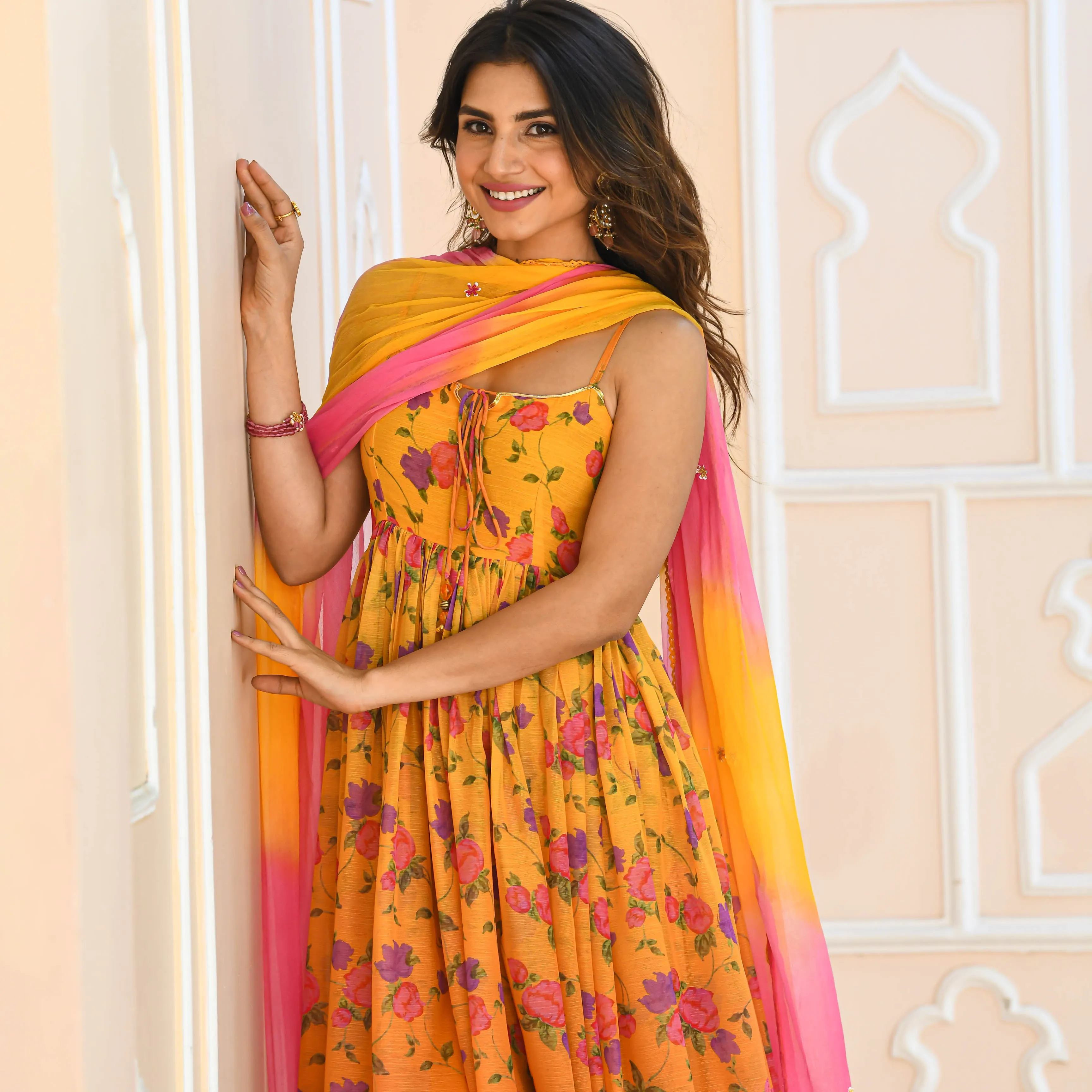 Yellow Floral Print Georgette Salwar Suit