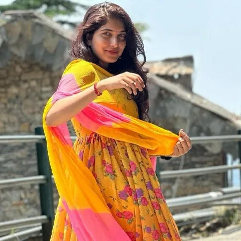 Yellow Floral Print Georgette Salwar Suit