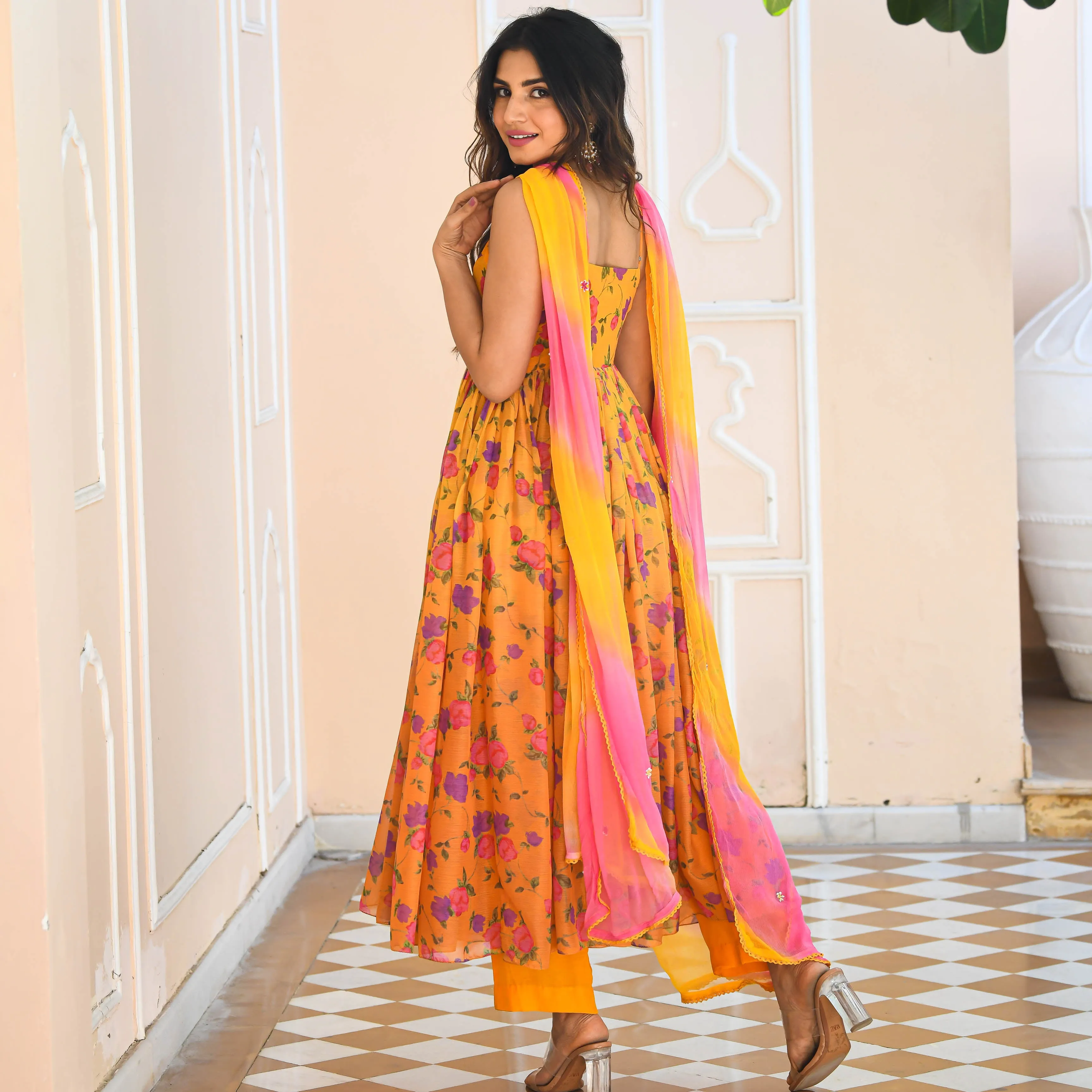 Yellow Floral Print Georgette Salwar Suit