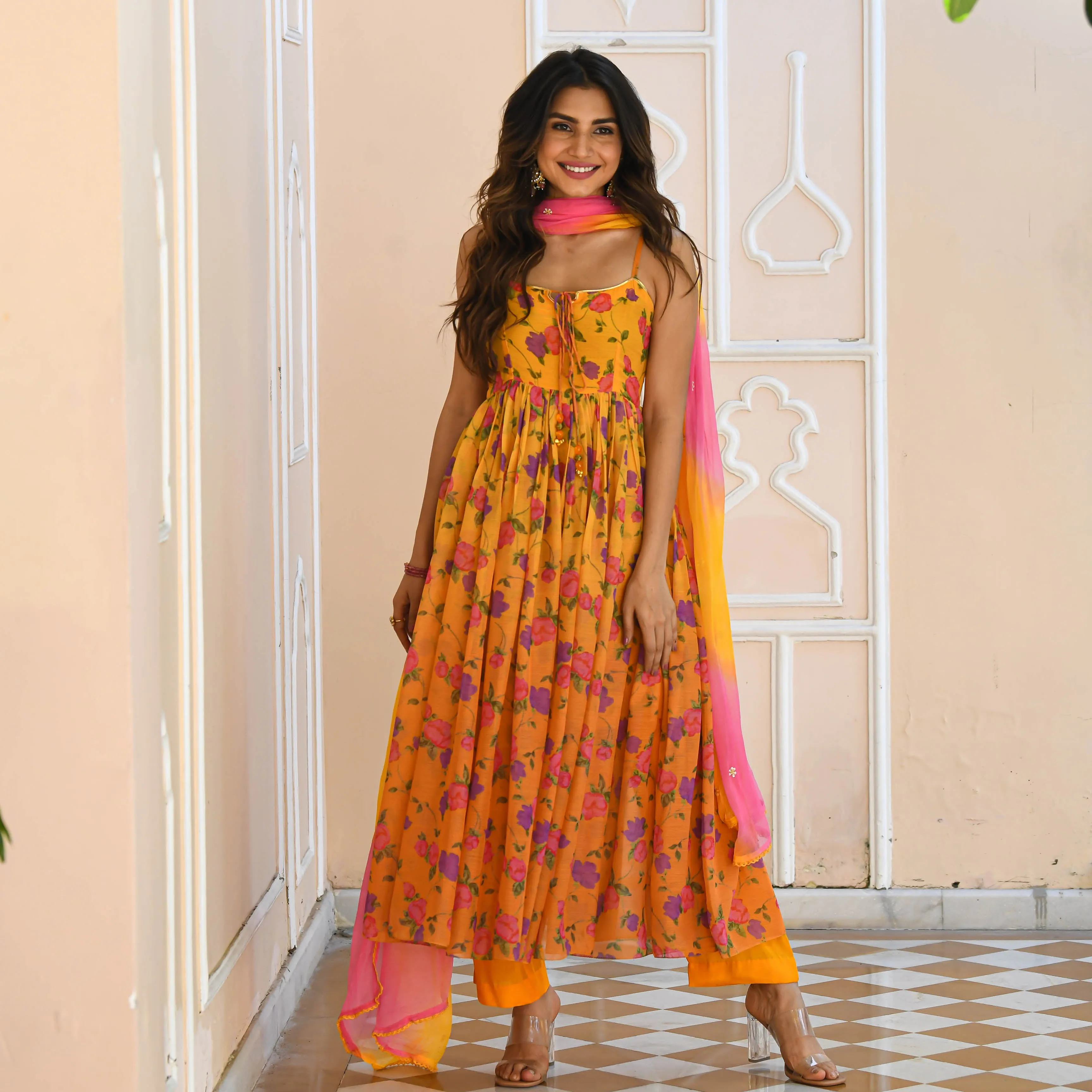 Yellow Floral Print Georgette Salwar Suit