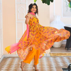 Yellow Floral Print Georgette Salwar Suit