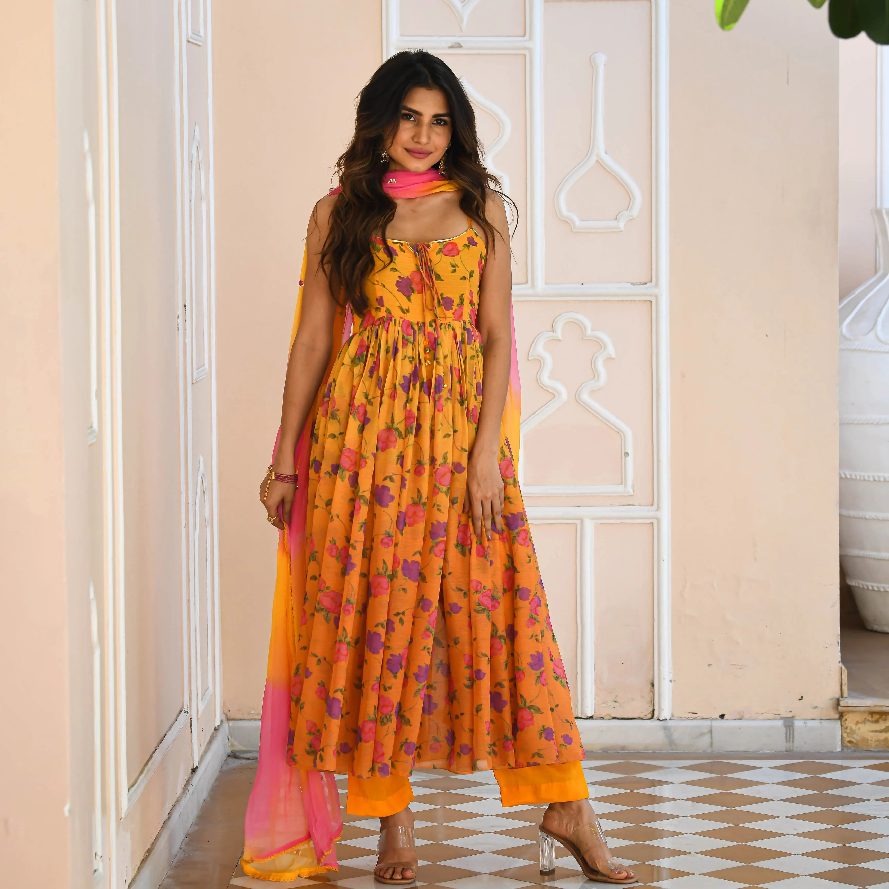 Yellow Floral Print Georgette Salwar Suit