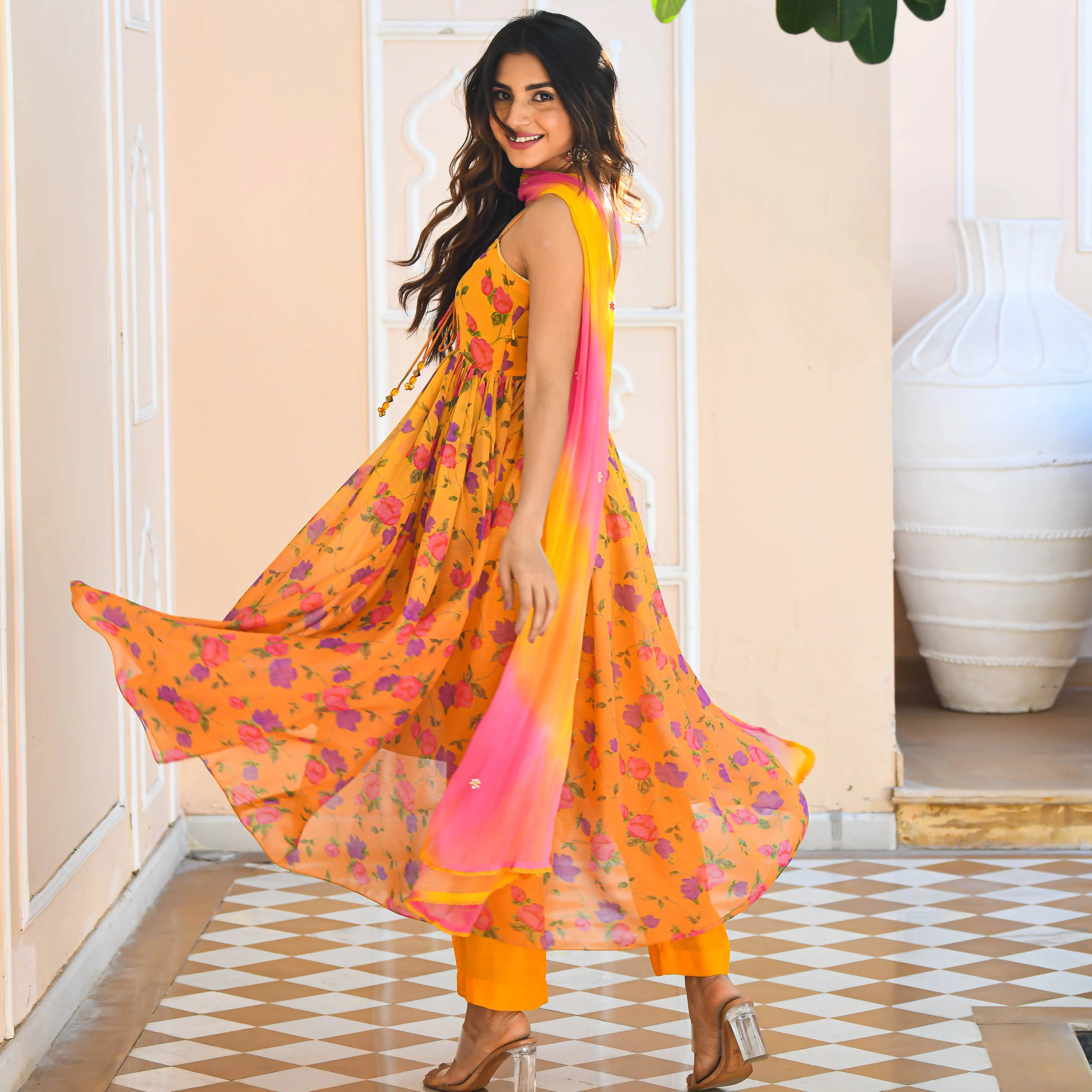 Yellow Floral Print Georgette Salwar Suit