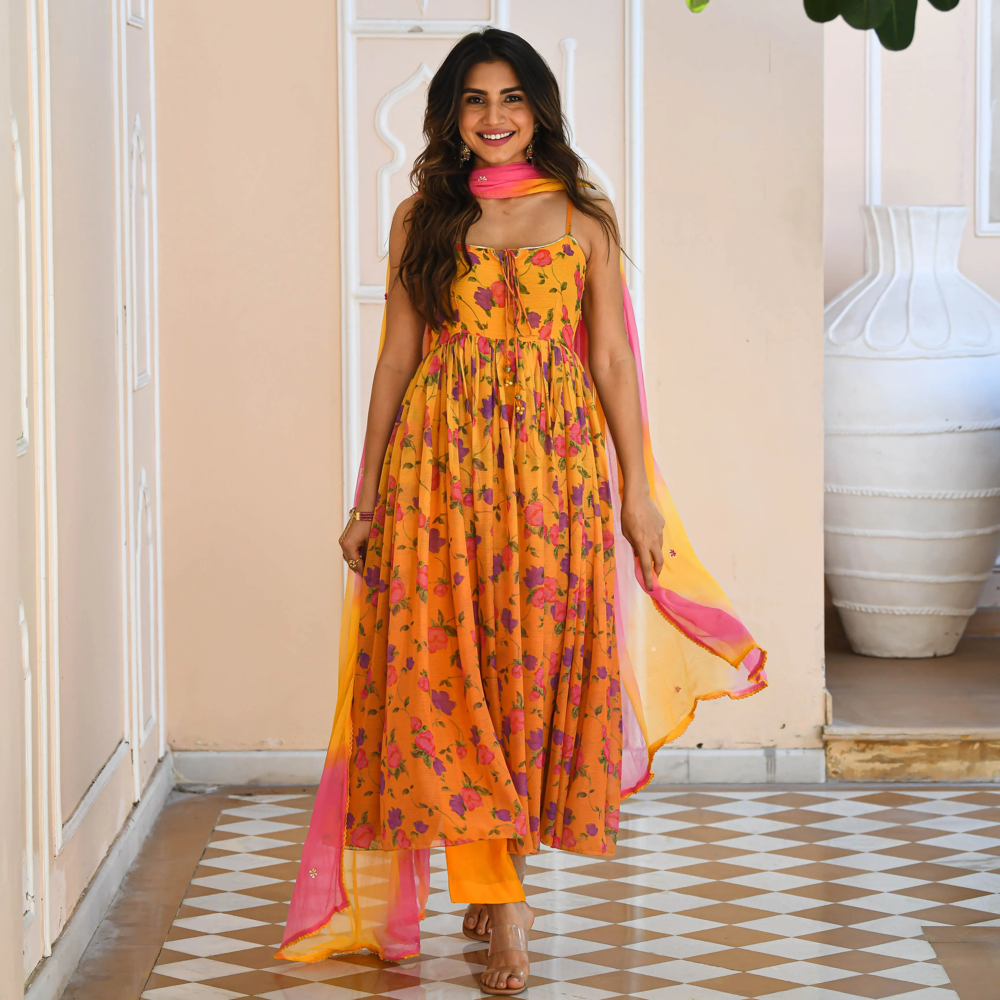 Yellow Floral Print Georgette Salwar Suit
