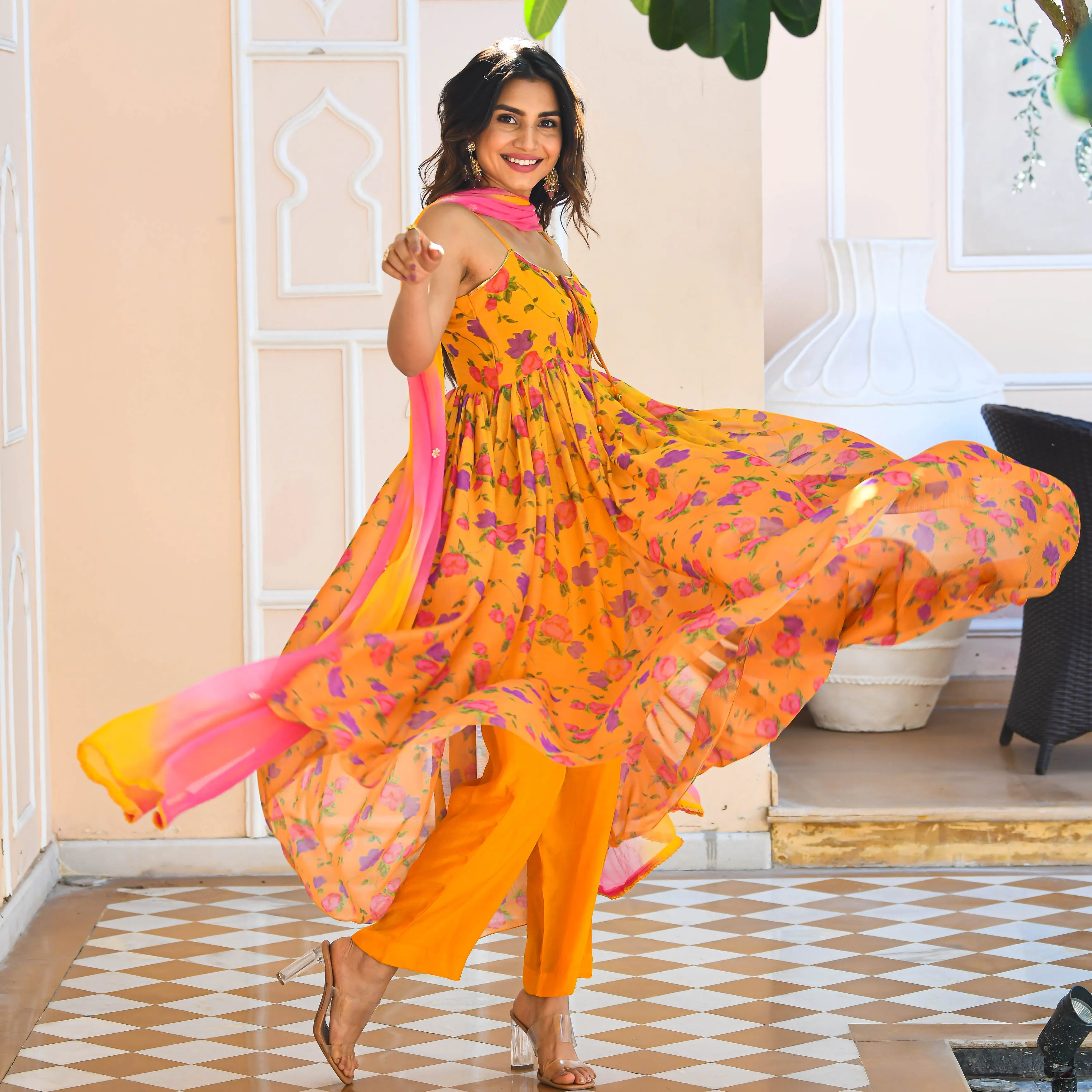 Yellow Floral Print Georgette Salwar Suit